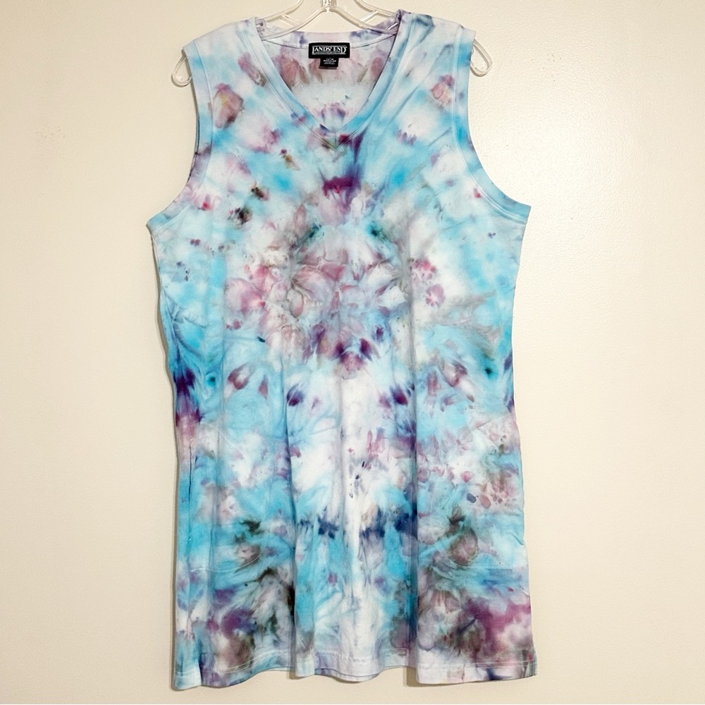 Lands End Tie-Dye V-neck Sleeveless Cotton Casual Summer Dress - Picture 1 of 6